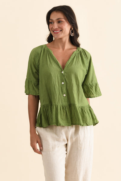 Ramona Green Cotton Ruffle Top