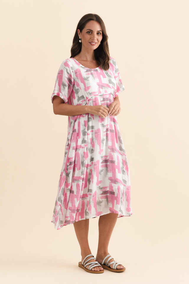 Ramona Pink Brush Stroke Cotton Blend Dress,Brunette model,alt text|model:MJ image 4