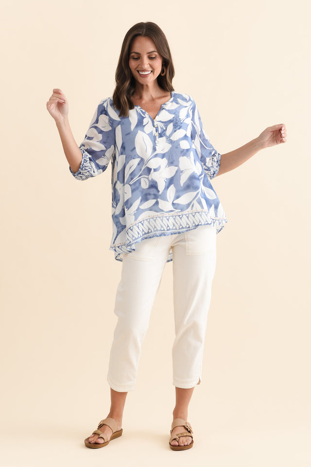 Ramy Blue Leaf Cotton Blend Top,Brunette model,alt text|model:MJ image 7