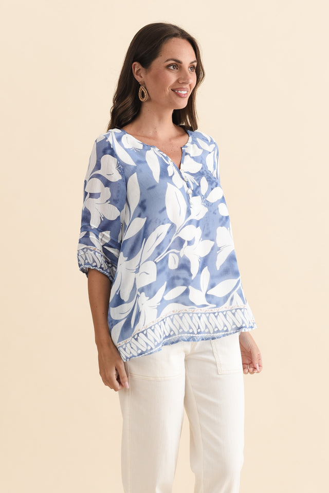 Ramy Blue Leaf Cotton Blend Top,Brunette model,alt text|model:MJ image 4