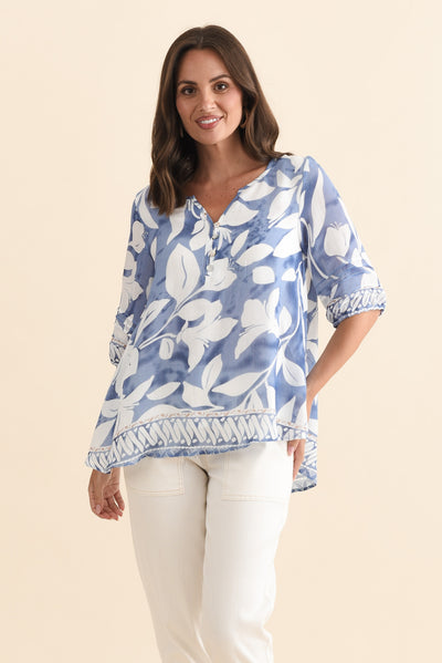 Ramy Blue Leaf Cotton Blend Top