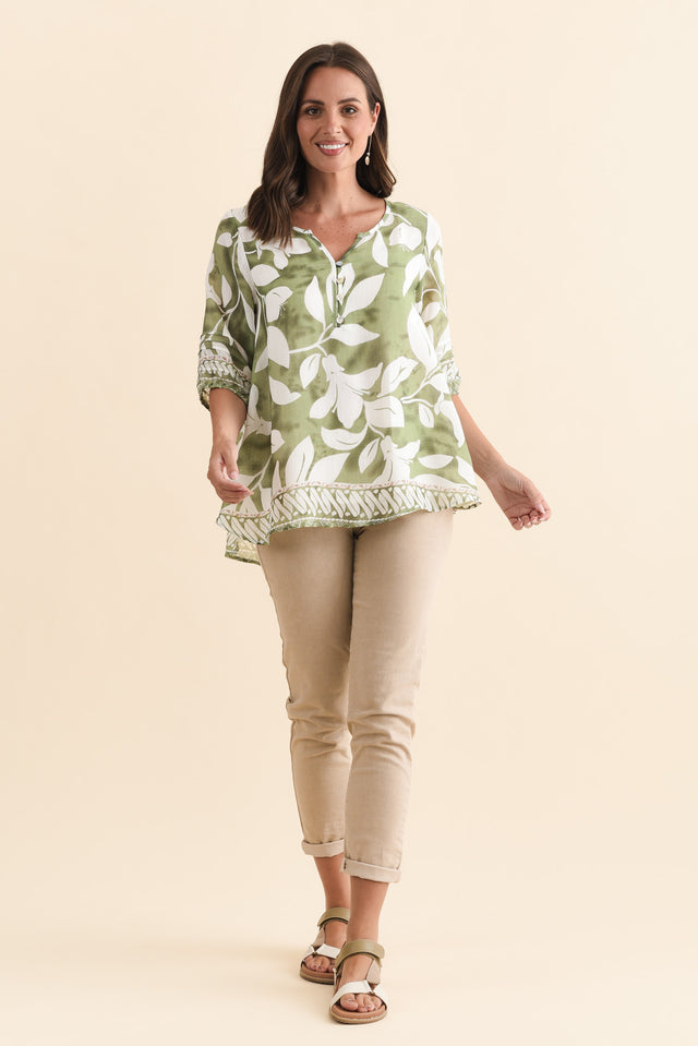 Ramy Green Leaf Cotton Blend Top,Brunette model,alt text|model:MJ image 3