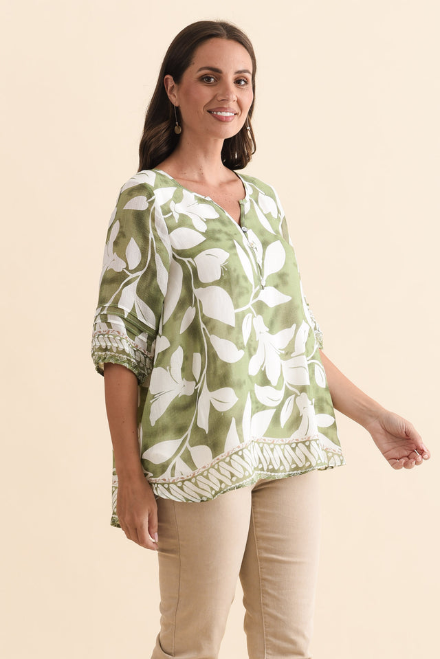 Ramy Green Leaf Cotton Blend Top,Brunette model,alt text|model:MJ image 4