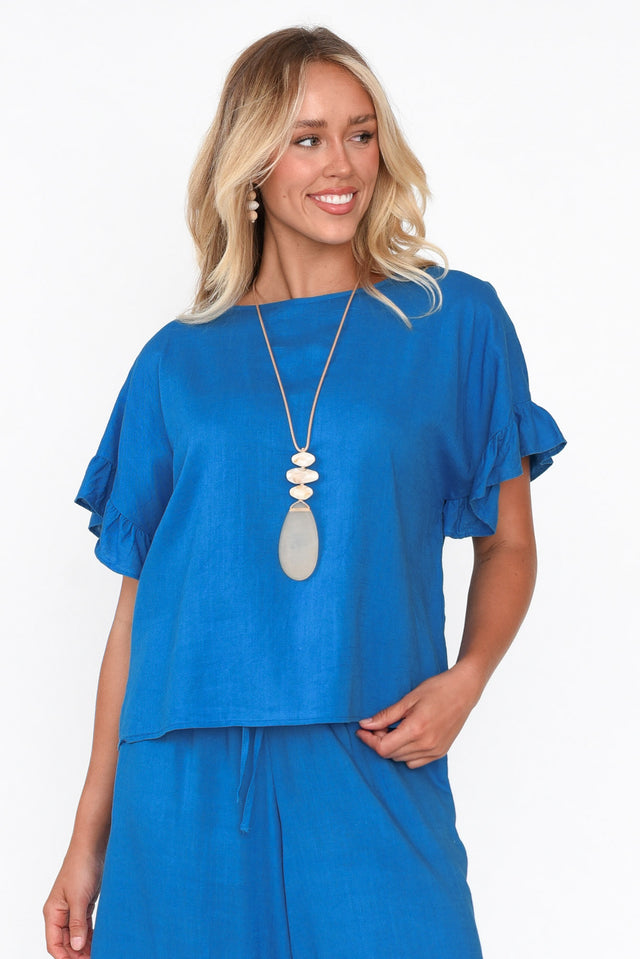 Randa Blue Cotton Linen Frill Top neckline_Boat  alt text|model:Zoe;wearing:S image 1