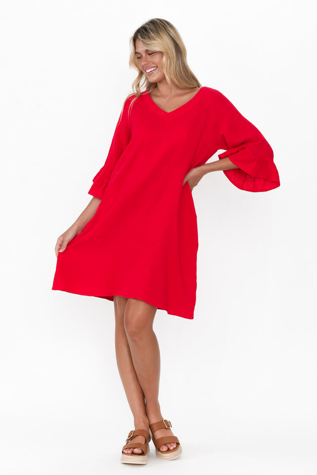 Ranie Red Cotton Ruffle Dress image 3