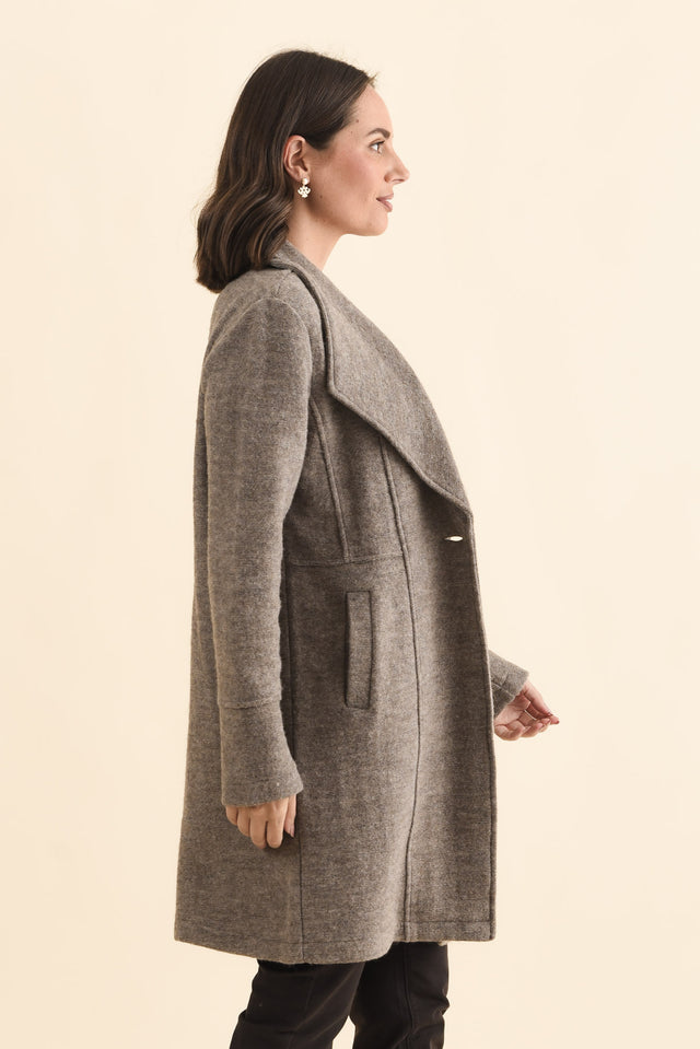 Raquel Taupe Wool Coat,Brunette model,alt text|model:MJ image 4