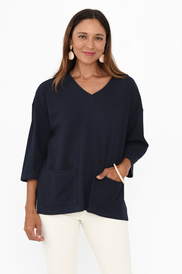 Raven Navy Cotton Pocket Tee,Brunette model,alt text|model:Cara