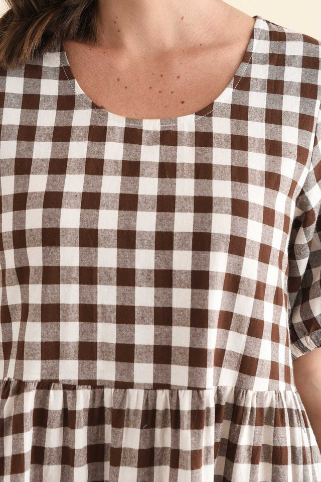 Ravenna Chocolate Check Cotton Dress,Detail,Brunette model,alt text|model:MJ image 5