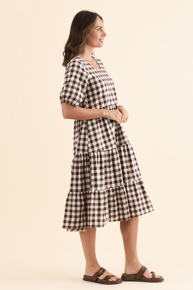 Ravenna Chocolate Check Cotton Dress,Side,Brunette model,alt text|model:MJ image 3