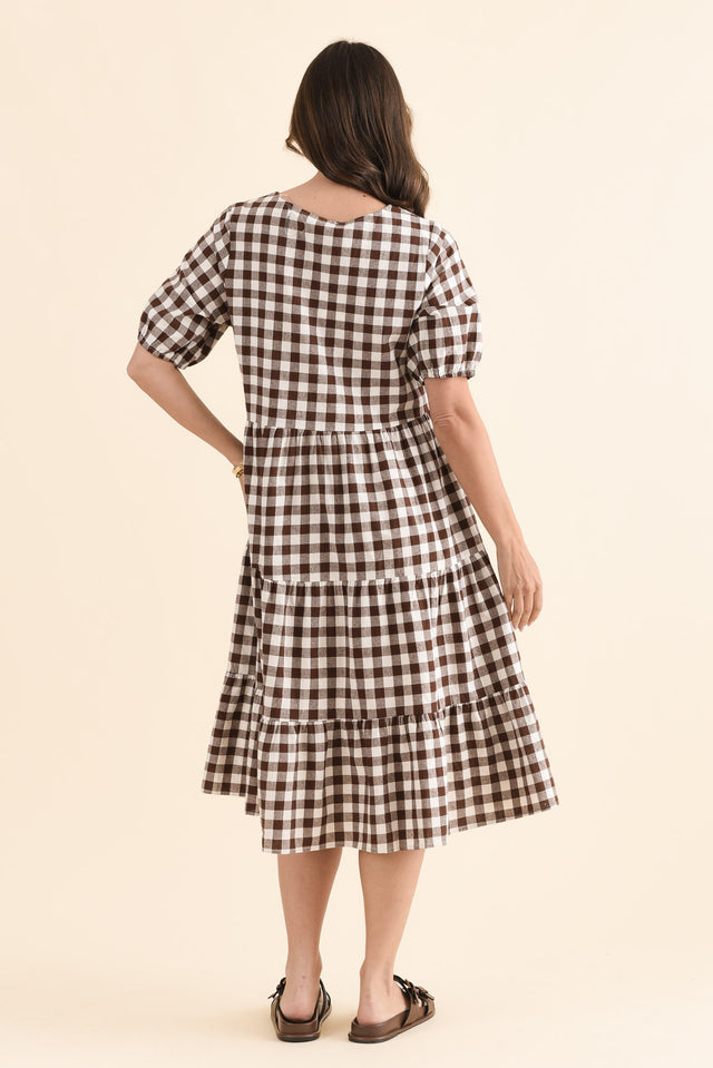 Ravenna Chocolate Check Cotton Dress,Back,Brunette model,alt text|model:MJ image 4