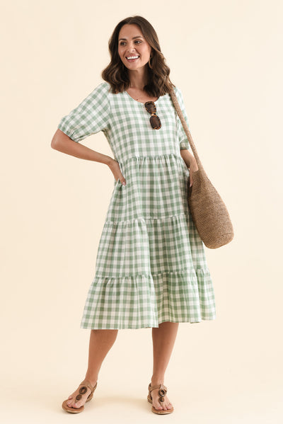 Ravenna Sage Check Cotton Dress