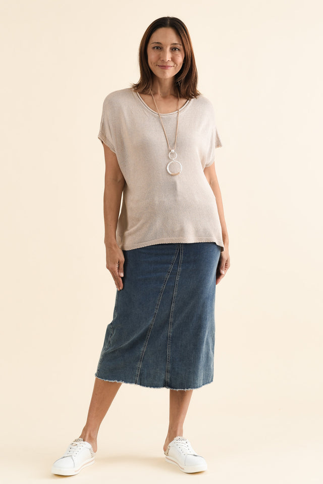 Rawlins Beige Cotton Knit Top,brunette model,Full Outfit,alt text|model:Cara image 2