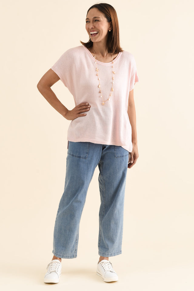 Rawlins Pink Cotton Knit Top,brunette model,Full Outfit,alt text|model:Cara image 2