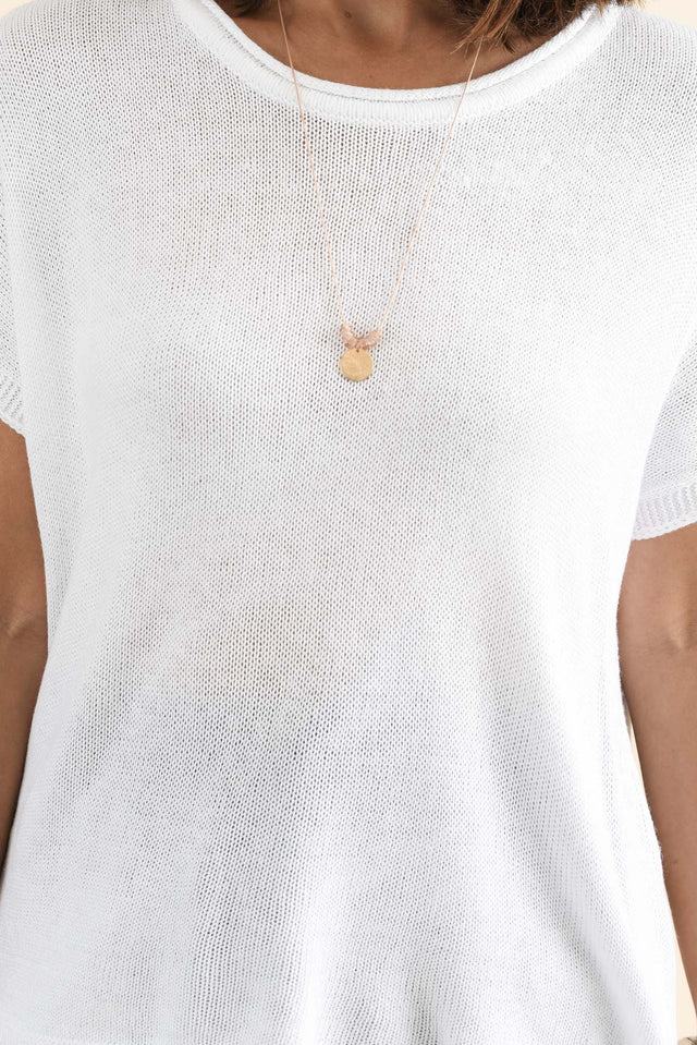 Rawlins White Cotton Knit Top,brunette model,Close up of outfit,alt text|model:Cara image 5