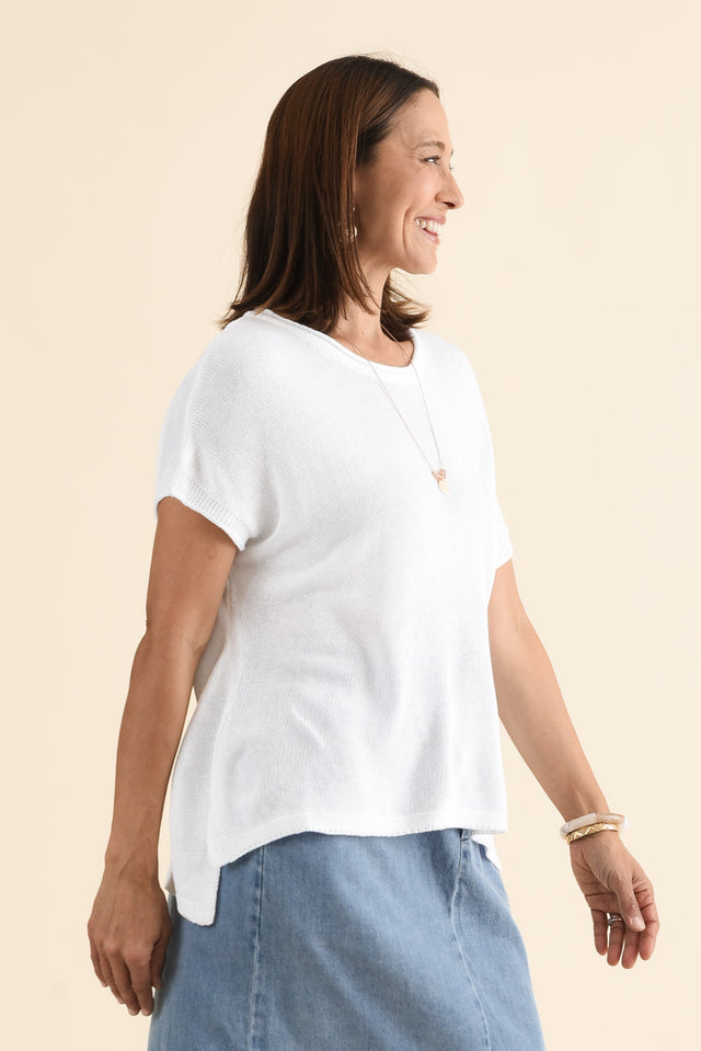 Rawlins White Cotton Knit Top,brunette model,Side of Outfit,alt text|model:Cara image 3