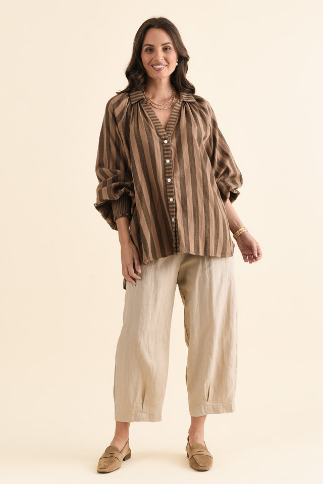 Raya Chocolate Stripe Cotton Shirt,brunette model,Full Outfit,alt text|model:MJ image 6