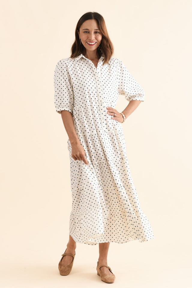 Raymond Navy Diamond Linen Button Dress,Full Body,Brunette model,alt text|model:Cara