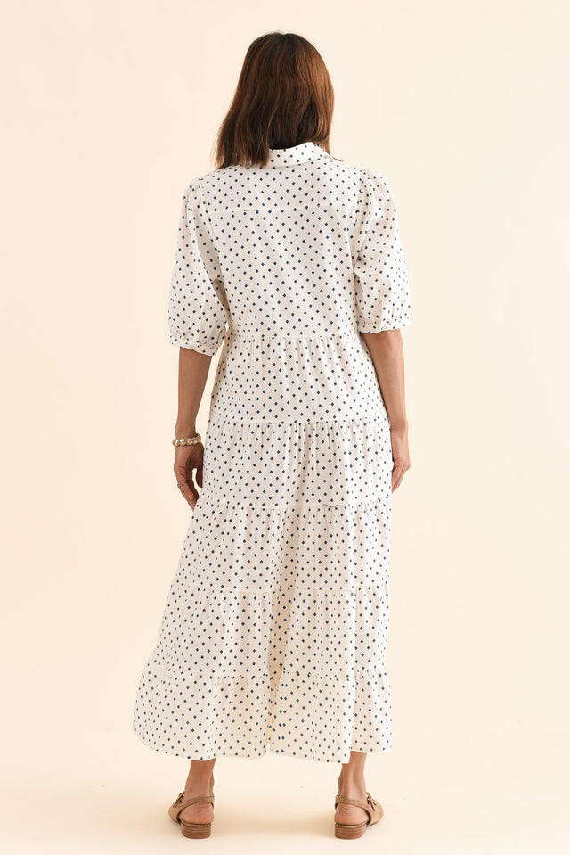 Raymond Navy Diamond Linen Button Dress,Back,Brunette model,alt text|model:Cara image 4