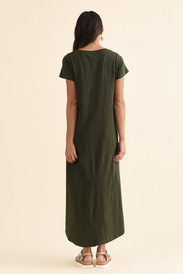 Recovery Khaki Trim Cotton Dress,Back,Brunette model,alt text|model:Brontie image 4