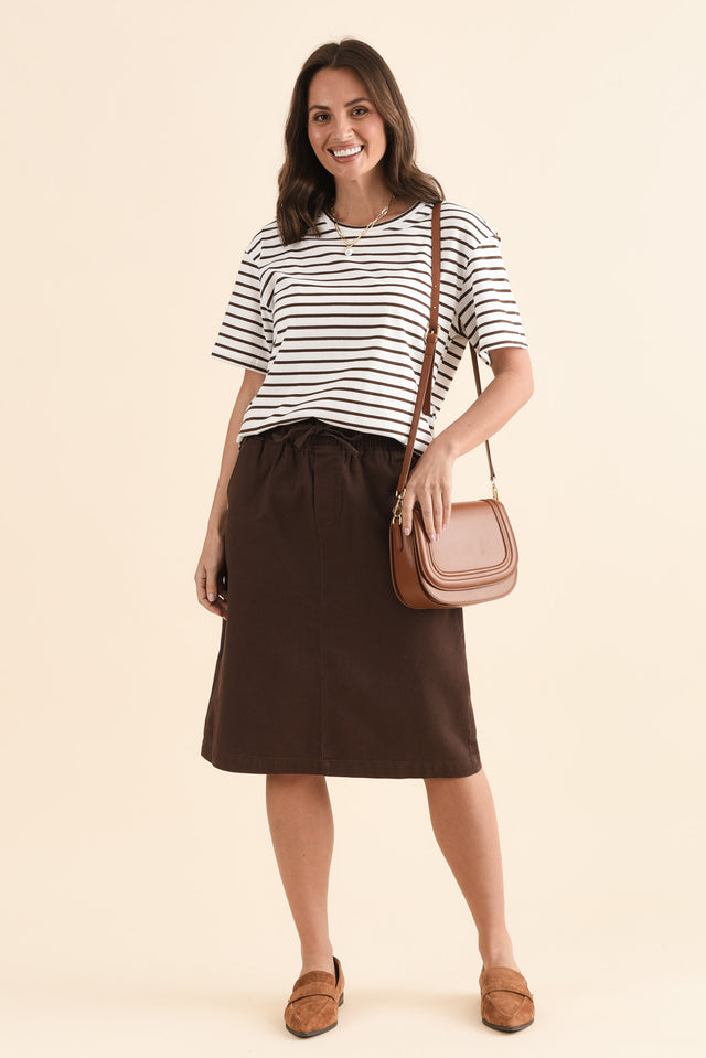 Quinn Chocolate Denim Drawstring Skirt,Full Body,Brunette model,alt text|model:MJ