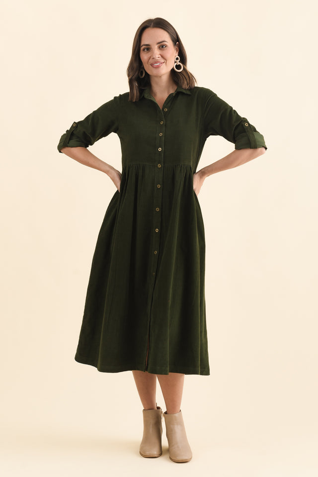Rellie Forest Green Cotton Corduroy Dress,Brunette model,alt text|model:MJ image 8