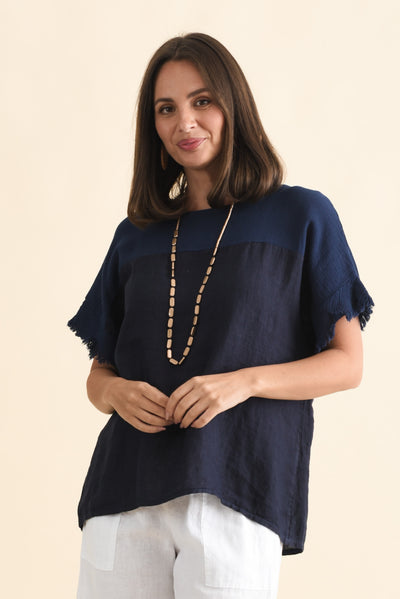 Remo Navy Linen Frayed Top