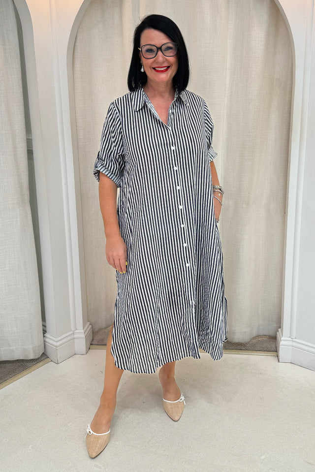 Tricia Navy Stripe Cotton Shirt Dress