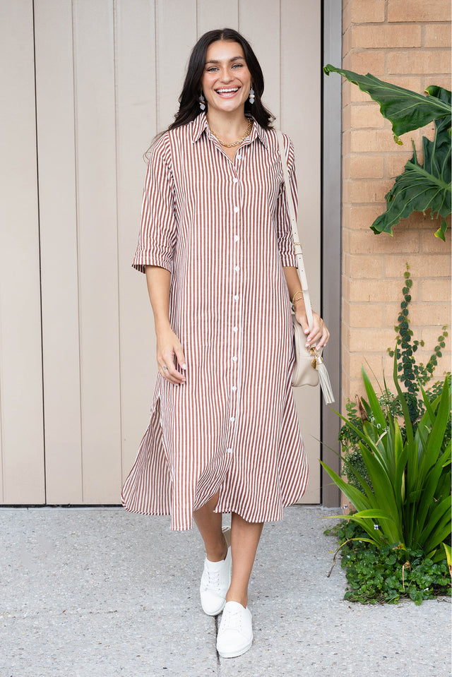 Tricia Mocha Stripe Cotton Shirt Dress