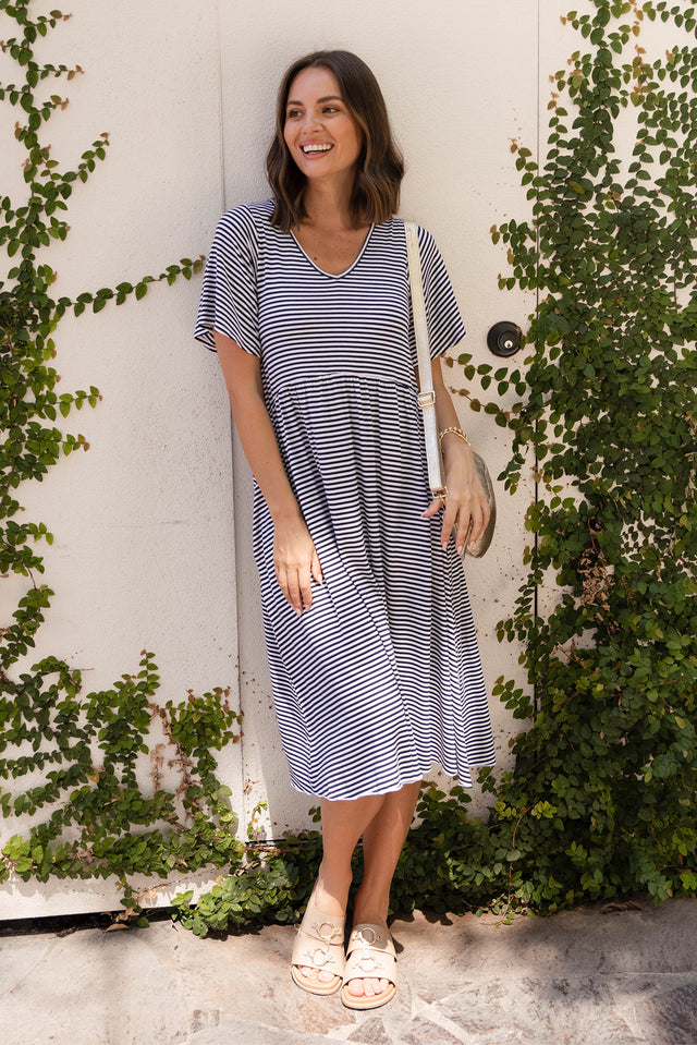 Donna Navy Stripe Gathered Dress