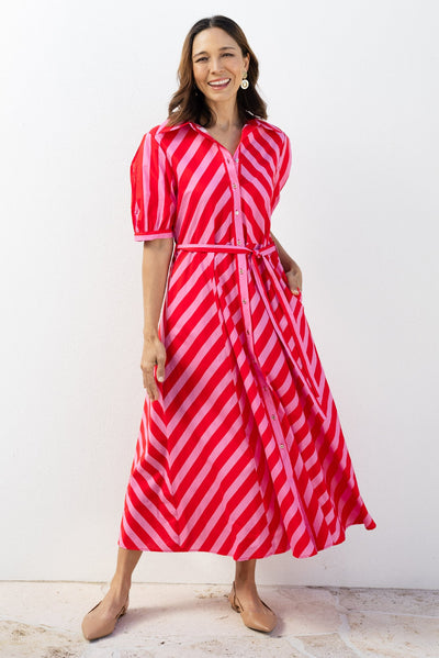 Patty Red Stripe Cotton Shirt Dress