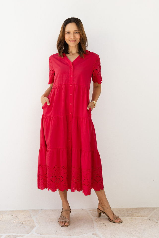 Lilith Red Embroidered Cotton Dress
