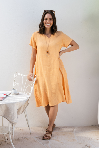 Nara Peach Linen Pocket Dress