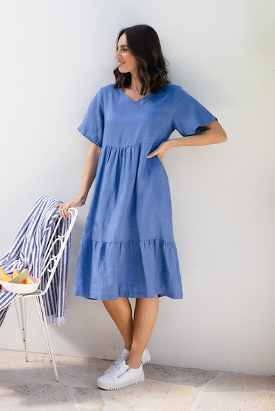 Miller Blue Linen Tiered Dress