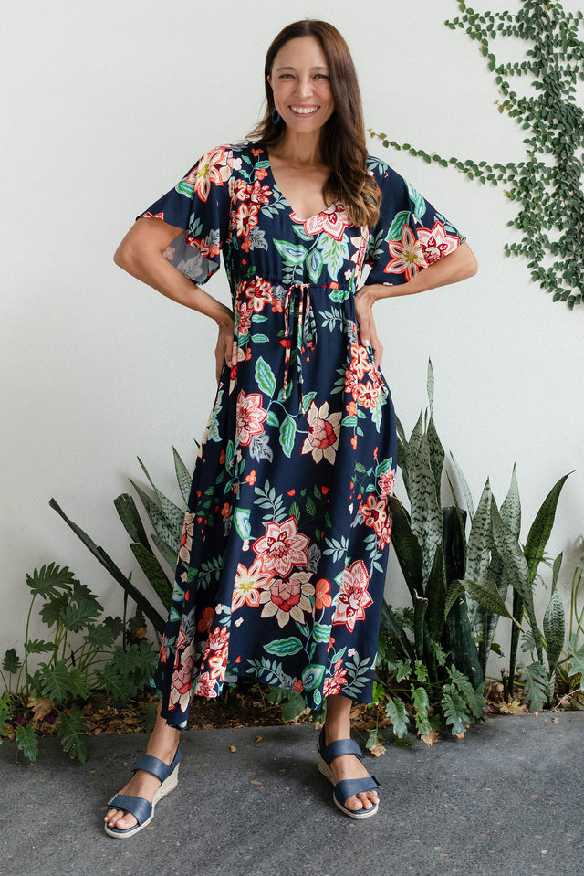 Jennifer Navy Floral Flutter Sleeve Dress