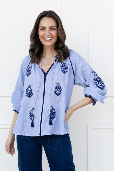 Doppio Blue Flower Cotton Tassel Top