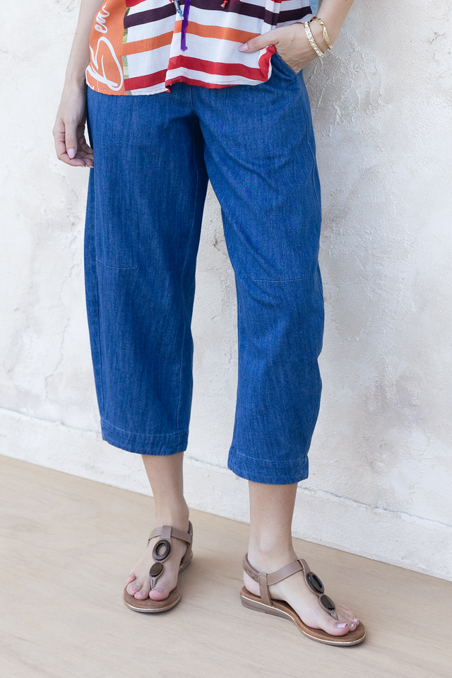 Ottie Blue Cotton Barrel Pants,Front,Brunette model