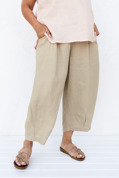 Lassie Beige Linen Barrel Pants
