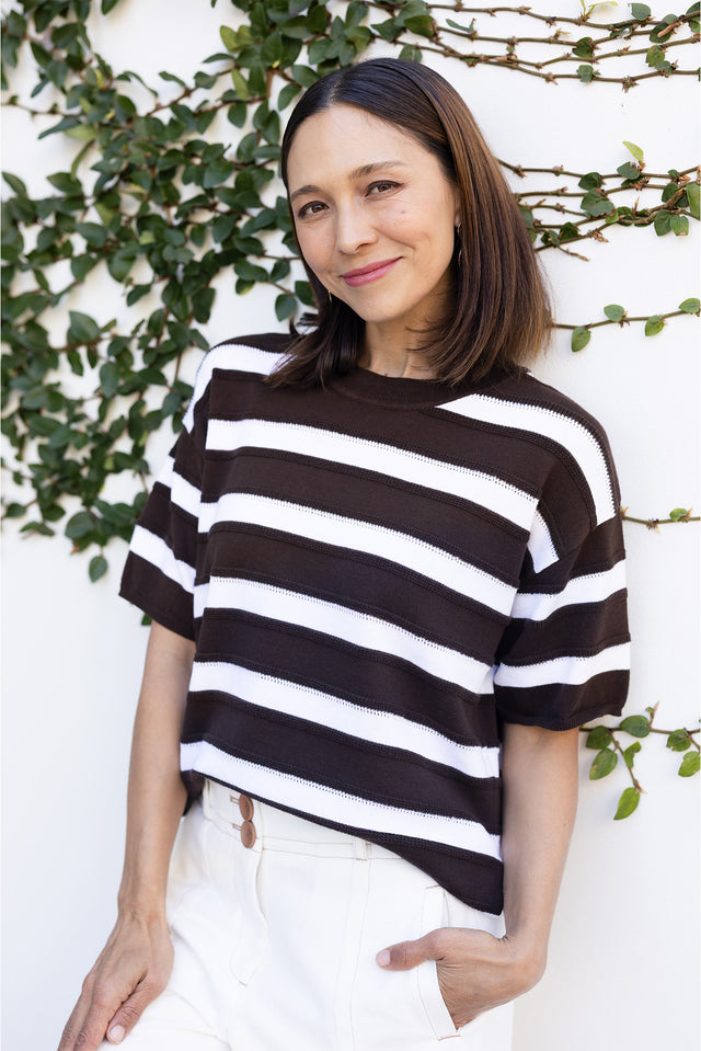 Libby Chocolate Stripe Cotton Top,Lifestyle