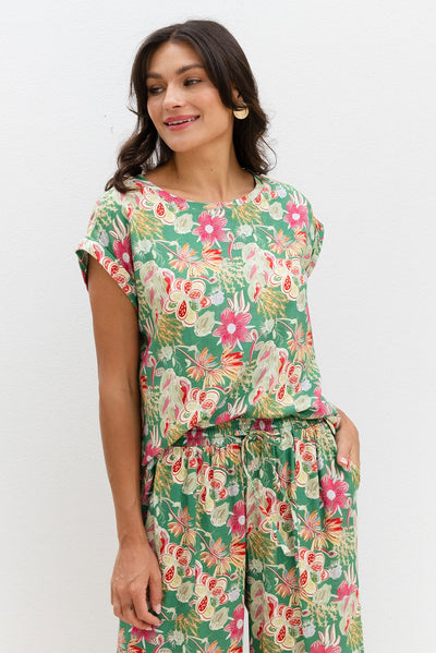 Alta Green Flower Linen Cotton Top
