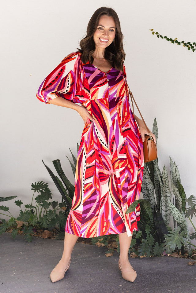 Kacey Pink Leaf Button Dress