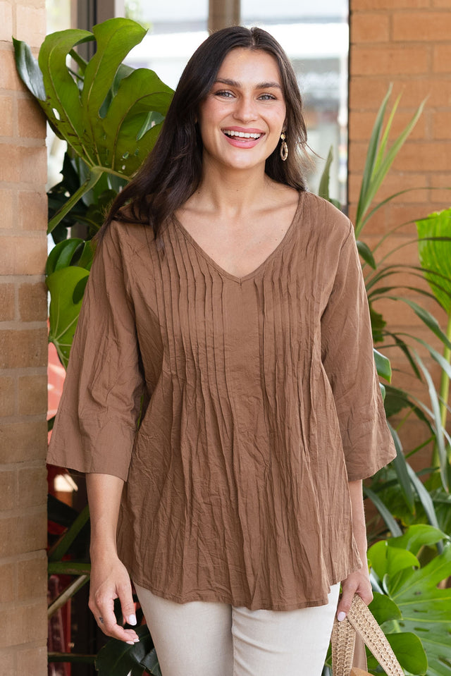 Fia Mocha Sleeved Crinkle Cotton Top