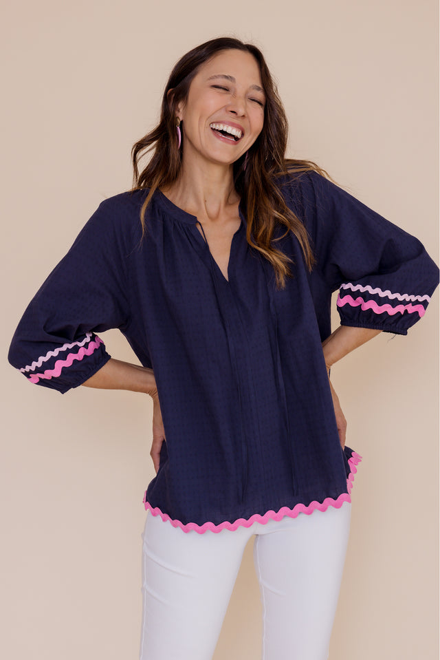 Zelma Navy Trim Cotton Top