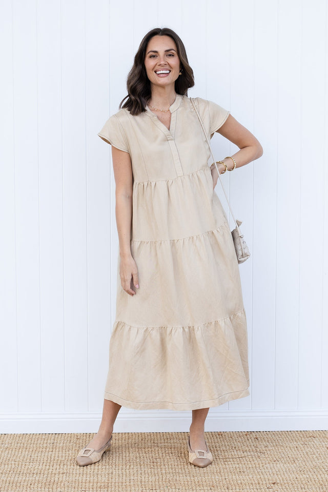 Yvette Natural Contrast Linen Blend Dress,brunette model,Front of Outfit,Lifestyle
