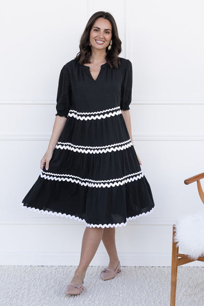 Sybella Black Trim Cotton Midi Dress