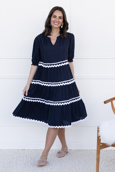 Sybella Black Trim Cotton Midi Dress