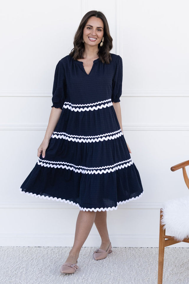 Sybella Black Trim Cotton Midi Dress,brunette model,Front of Outfit,Lifestyle
