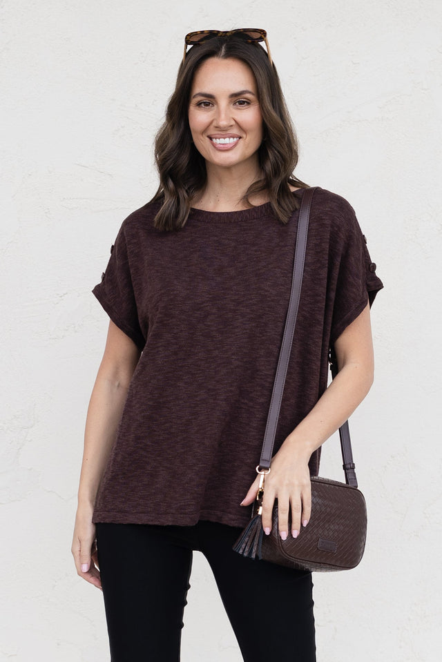 Henrik Chocolate Knit Button Tee,brunette model,Front of Outfit,Lifestyle image 1