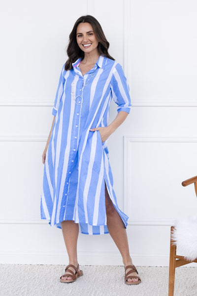Odessa Blue Stripe Organic Cotton Shirt Dress