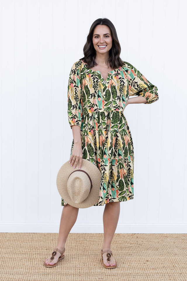 Irene Green Leaf Cotton Blend Dress,brunette model,Front of Outfit,Lifestyle