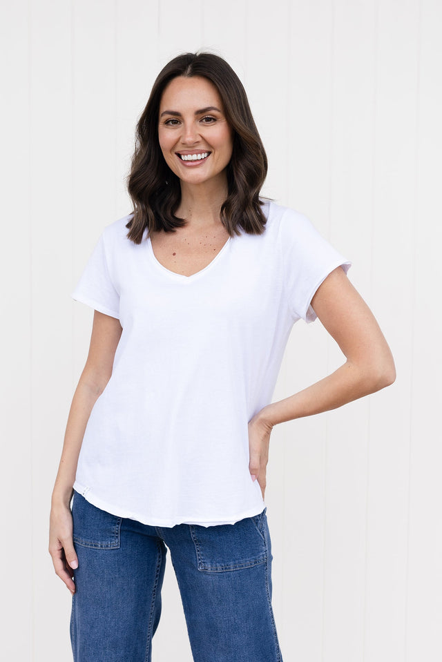 Maggie White Cotton Vee Tee,brunette model,Front of Outfit,Lifestyle image 1